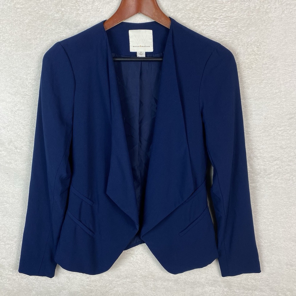 Women's Mercer & Madison Waterfall Open‎ Blazer Jacket Size XS Navy Blue Pockets